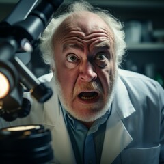 Scientific Progress Unveiled: A Scientist's Face Filled with Excitement at the Microscope