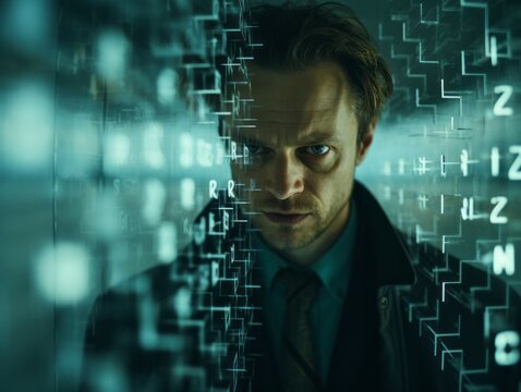 A man pondering a complex mathematical equation on a glass wall