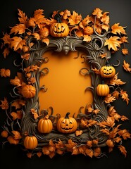 Autumn Halloween decoration with rectangular frame pumpkin maple leaves on yellow orange background copy space text, 3d illustration, generative AI