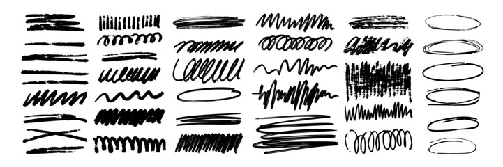 Charcoal scribble stripes and bold paint shapes. Children's crayon or marker doodle rouge handdrawn scratches. Vector illustration of horizontal waves, squiggles in marker sketch style.  