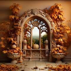 Autumn or Halloween decoration with window pumpkin autumn tree on yellow orange background copy space text, 3d illustration, generative AI