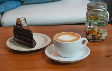 Hot coffee latte with chocolate 