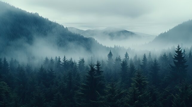 Tall trees in the forest in the mountains covered with the fog