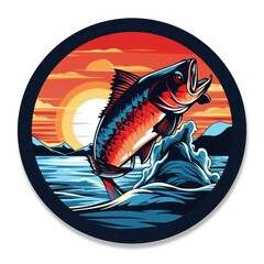 Reel in Excitement: Fishing Round Sticker Logo on White Background, Generative AI