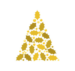 Gold Christmas tree made of holly berry leaves symbol.