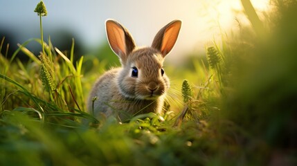 Fototapeta premium Cute little bunny in grass with ears up looking away Generative AI