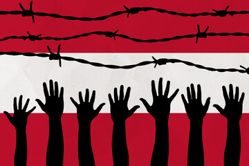 Austria flag behind barbed wire fence. Group of people hands. Freedom and propaganda concept