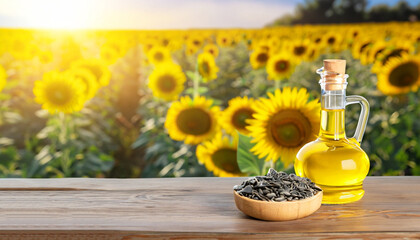 Sunflower oil in glass bottle and seeds on wooden table with field on the background. Photo with...
