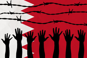 Bahrain flag behind barbed wire fence. Group of people hands. Freedom and propaganda concept