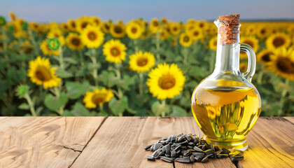 Sunflower oil in glass bottle and seeds on wooden table with field on the background. Photo with...