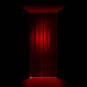 Gate to hell concept: red hot glowing door background - entrance to hell-fire, symbol for sins, end of world, judgement day, burning for eternity.
