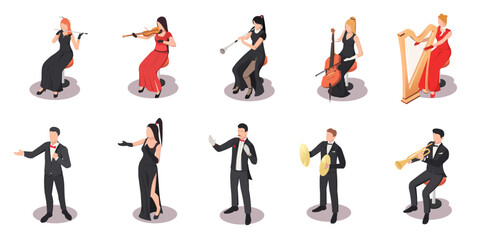 Fototapeta na wymiar Musician playing music, various musical instrument, orchestra, classic costume, woman, man, violin, vocalist, saxophone, singer, cymbals. Isolated on white background. Isometric vector illustration