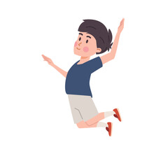 Cartoon boy volleyball player in sportswear jumps and reaches out to hit the ball, play sport game vector illustration