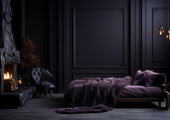  interior of elegant dark bedroom, empty wall for your design, mockup