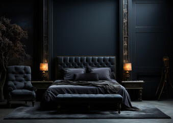  interior of elegant dark bedroom, empty wall for your design, mockup
