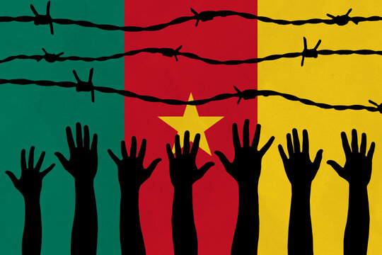 Cameroon flag behind barbed wire fence. Group of people hands. Freedom and propaganda concept