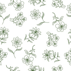 Hand drawn seamless pattern with green flowers vector design. Perfect for textile prints, paper, cover, fabric, interior decor and other users