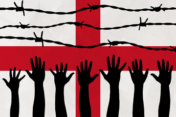 England flag behind barbed wire fence. Group of people hands. Freedom and propaganda concept