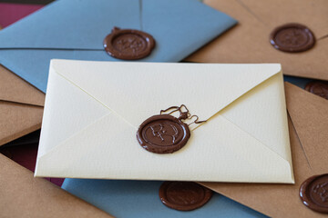 Vintage craft envelope with red wax seal stamp