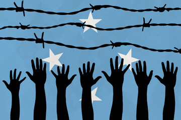 Federated States of Micronesia flag behind barbed wire fence. Group of people hands. Freedom and propaganda concept - obrazy, fototapety, plakaty