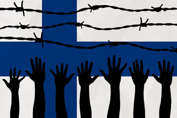 Finland flag behind barbed wire fence. Group of people hands. Freedom and propaganda concept