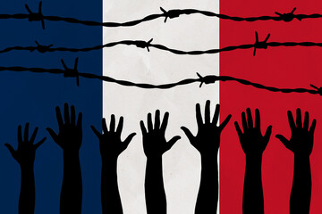 France flag behind barbed wire fence. Group of people hands. Freedom and propaganda concept