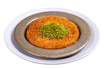 Kunefe. Traditional Turkish cuisine. Kunefe with pistachio isolated on white background. close up