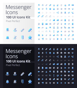 Messenger pixel perfect flat gradient two-color ui icons kit for dark, light mode. Online communication. Vector isolated RGB pictograms. GUI, UX design for web, mobile. Poppins font used