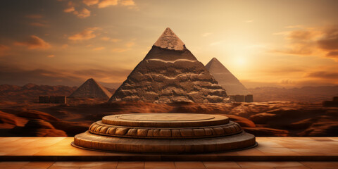Ancient stone product display podium with pyramids background. Generative AI - obrazy, fototapety, plakaty