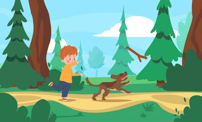 Fototapeta premium Boy threw stick to the dog, child training little puppy, playing together in the forest on the lawn vector illustration