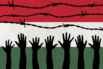 Hungary flag behind barbed wire fence. Group of people hands. Freedom and propaganda concept