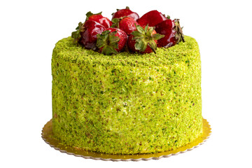 Pistachio and Strawberry Celebration Cake. Birthday cake isolated on white background