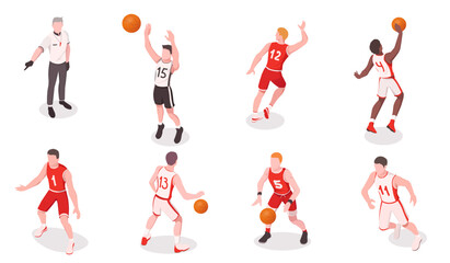 Fototapeta na wymiar Set of basketball players playing game. Dribbling, passing, blocking, running with ball. Training of sportsman team in various position. Isometric vector illustration, isolated on white background