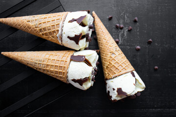 Creamy ice cream with pieces of chocolate. 