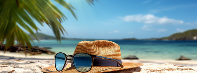 Close up hat and sunglasses on the ocean beach with palms in the background. Copy space panorama. Generative AI