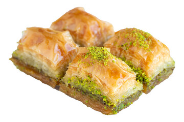 Pistachio baklava. Traditional Mediterranean cuisine delicacies. Baklava isolated on white background. close up