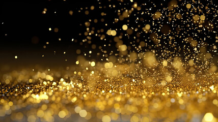 Sprinkle gold dust on a black background in the dark,Sparkling gold glitter powder on black background,christmas background,Sprinkle dust golden light Christmas and happy new year.