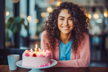 Happy young woman with birthday cake. Smiling woman holding birthday cake. Generative AI