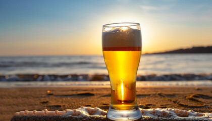glass of light beer with froth and bubbles on the sea beach at sunset