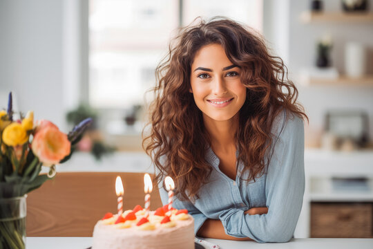 Happy young woman with birthday cake. Smiling woman holding birthday cake. Generative AI