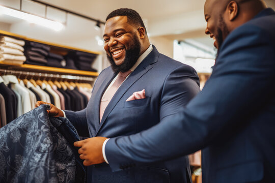 Plus size african man trying on suit for wedding. Happy groom excited smile for wedding, happiness and marriage. Generative AI