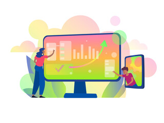 People view graphs and analytical charts on the monitor. Corporate abstract vector illustration. Colleagues at work demonstrate well-coordinated activity.