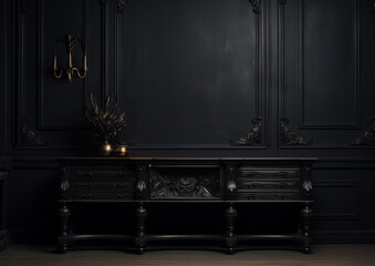elegant console in dark style room , goth style interior , empty wall for your design, mockup