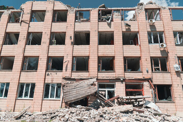Administrative building damaged by shelling. War in Ukraine