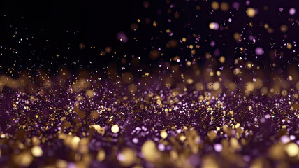 Sprinkle gold  purple dust on a black background in the dark,Sparkling purple  glitter powder on black background,christmas background,Sprinkle dust purple   light Christmas and happy new year.
