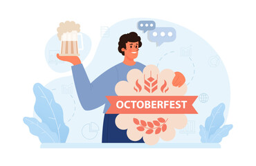 Oktoberfest festival. Cheerful Bavarian pub worker in a national