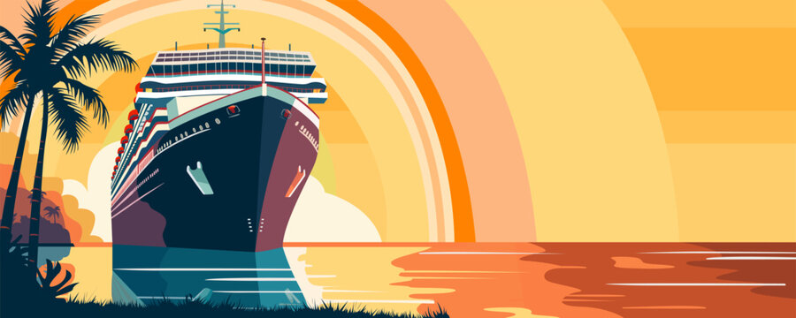 Cruise ship liner, beautiful orange sunset, ocean vacation, travel, holiday, tropical voyage, sunrise, palm, island, tour, large boat, beach, nautical maritime adventure. Vector illustration