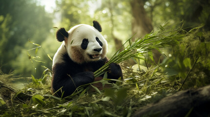 Obraz premium Panda with baby panda eating bamboo leaves in the jungle new quality universal colorful technology image illustration design, generative ai