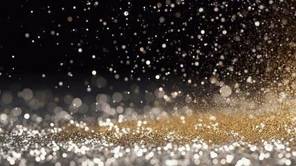 Naklejka na ściany i meble Sprinkle gold Platinum and silver dust on a black background in the dark,Sparkling Platinum and silver glitter powder on black background,christmas background,Sprinkle dust golden light Christmas an