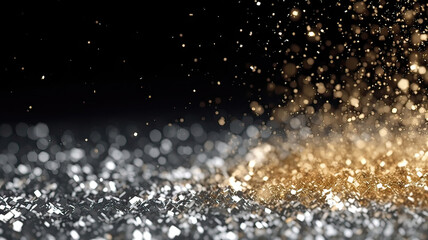 Obraz na płótnie Canvas Sprinkle gold Platinum and silver dust on a black background in the dark,Sparkling Platinum and silver glitter powder on black background,christmas background,Sprinkle dust golden light Christmas an